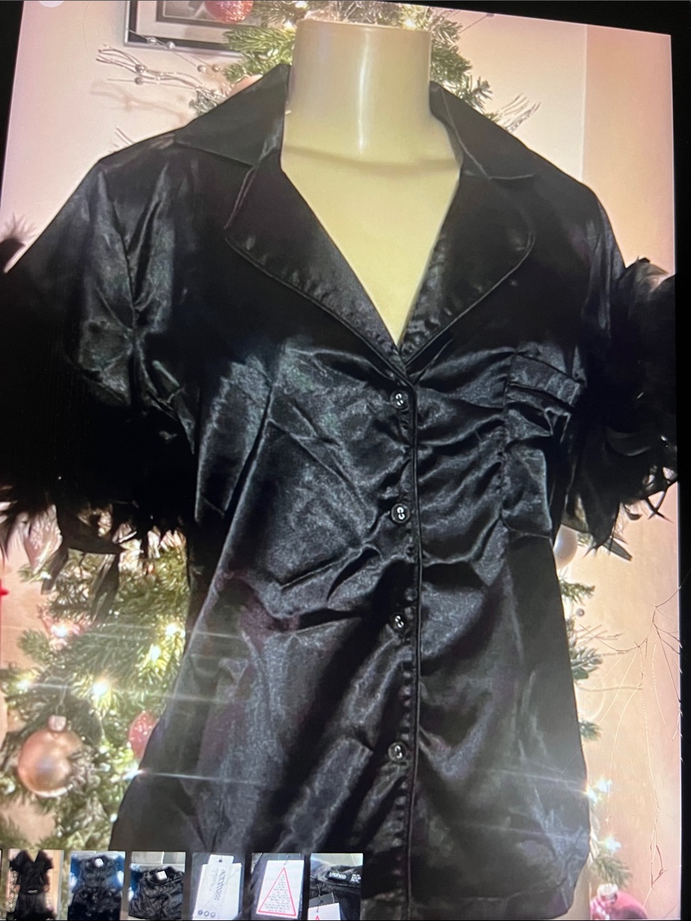 Black Satin Button-Up Top with Feather Trim